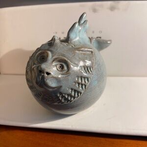 Art Pottery Cat Fish Rattle Figure- Signed- Artisan